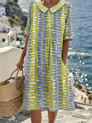 Blue Green Abstract Print Short Sleeve Dress