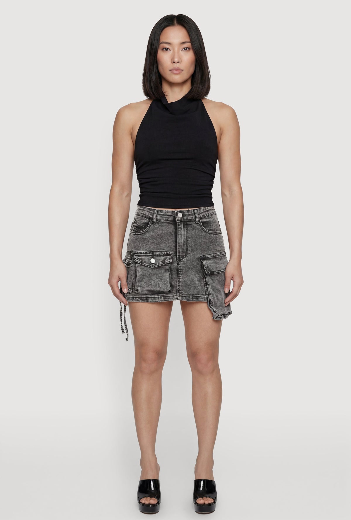 Acid Wash Denim Mini Utility Skirt