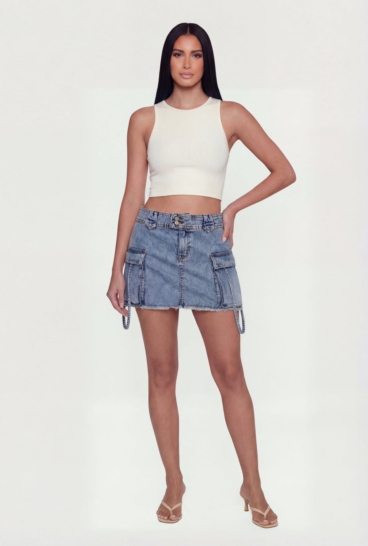 Almost Famous Denim Frayed Hem Cargo Skirt