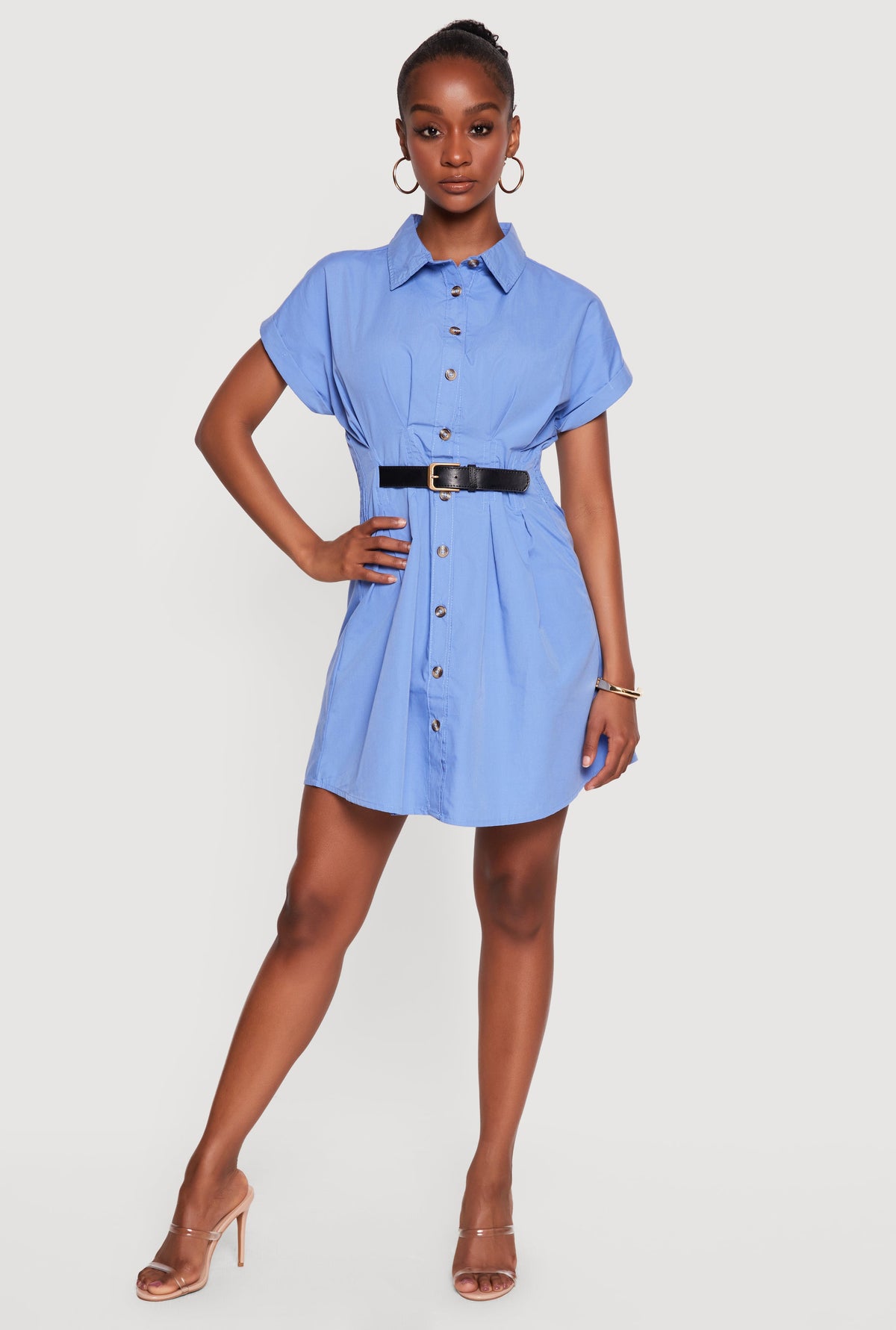 Belt Detail Button Front Short Sleeve Shirt Dress