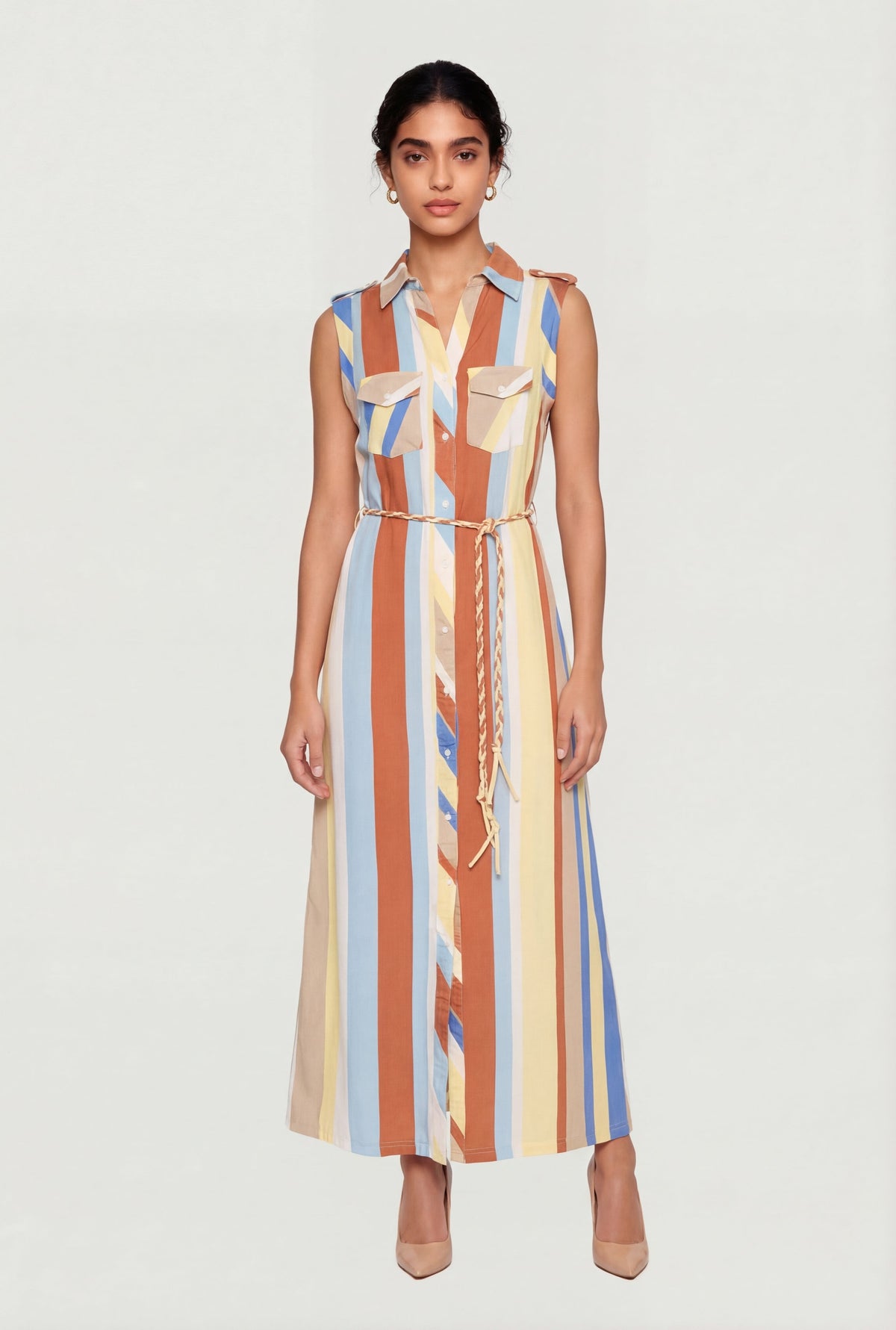 Abstract Striped Button Front Maxi Shirt Dress with Rope Belt