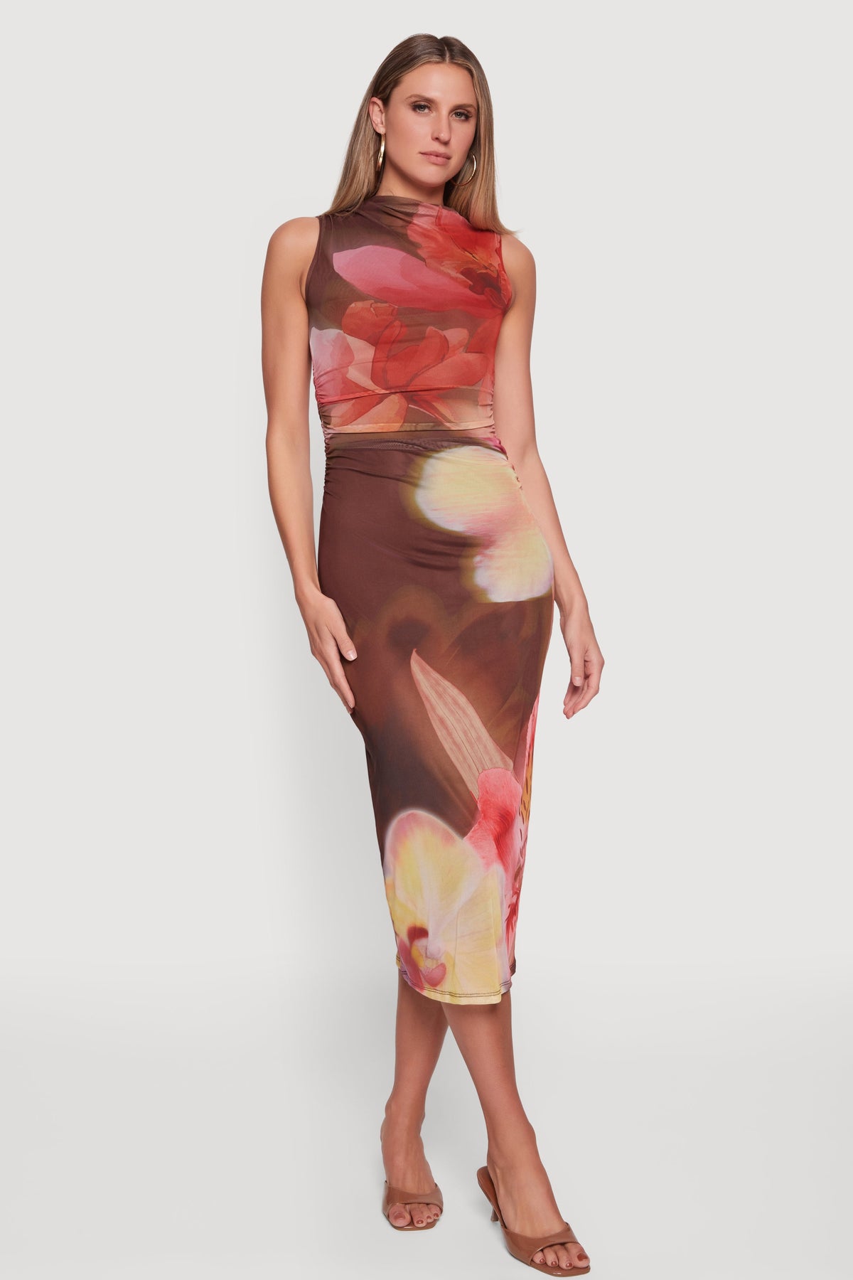 Almost Famous Floral Mesh Ruched Side Sleeveless Maxi Dress