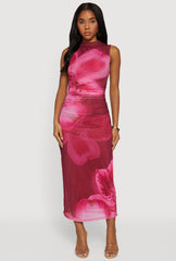 Almost Famous Floral Mesh Ruched Side Sleeveless Maxi Dress