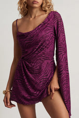 Devor¨¦ One-Sleeve A-Line Mini Dress in Berry Purple