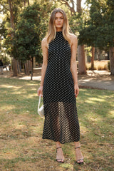 Andora Halterneck Maxi Dress in Black Polka Dot