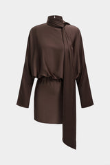 Satin Asymmetrical Tie-Up Long Sleeve Mini Dress
