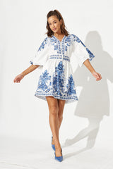Amira Shirt Dress In White With Blue Print