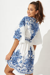 Amira Shirt Dress In White With Blue Print