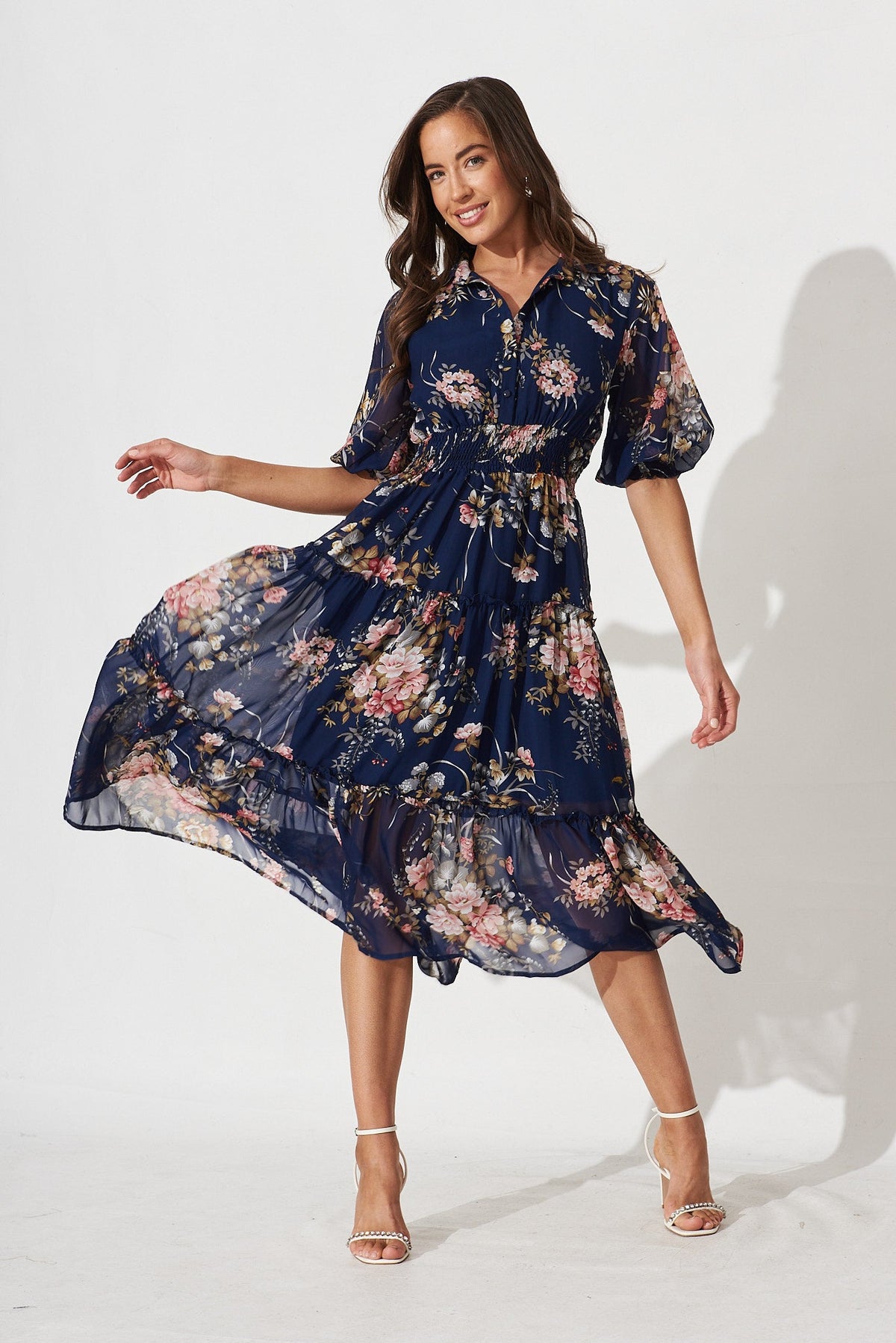 Brittney Midi Dress In Navy And Pink Floral Chiffon