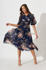 Brittney Midi Dress In Navy And Pink Floral Chiffon
