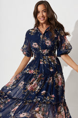Brittney Midi Dress In Navy And Pink Floral Chiffon