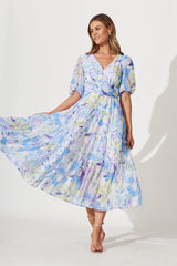 Celine Midi Dress In Blue With Green Watercolour Floral Print
