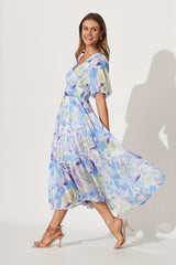 Celine Midi Dress In Blue With Green Watercolour Floral Print