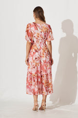 Celine Midi Dress in Pink Floral Lurex Chiffon