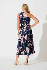 Bernadette One Shoulder Midi Dress in Navy with Mocha Satin