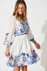 Clarion Dress in White Border Floral Linen Blend