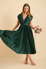 Anetta Midi Dress In Pleated Emerald Satin
