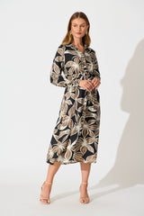 Brunswick Midi Shirt Dress in Black with Brown Leaf