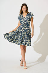 Allyza Dress in Navy and Cream Leaf Print