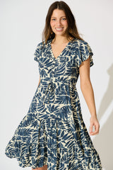 Allyza Dress in Navy and Cream Leaf Print