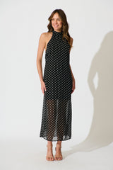 Andora Halterneck Maxi Dress in Black Polka Dot