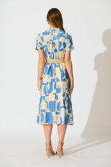 Charli Midi Shirt Dress in Blue Geometric Print with Belt
