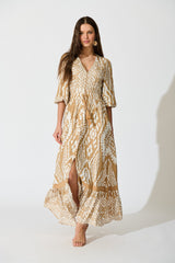 Amarie Maxi Dress in Beige and White Boho Print
