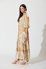 Amarie Maxi Dress in Beige and White Boho Print