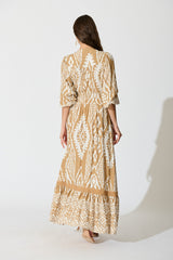 Amarie Maxi Dress in Beige and White Boho Print