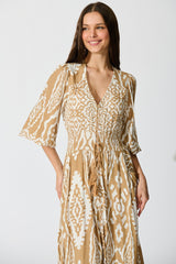 Amarie Maxi Dress in Beige and White Boho Print