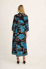 Aurelina Maxi Shirt Dress in Black with Blue Floral Linen Blend