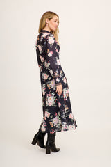 Chic In Bloom Maxi Shirt Dress in Black Floral Linen Blend