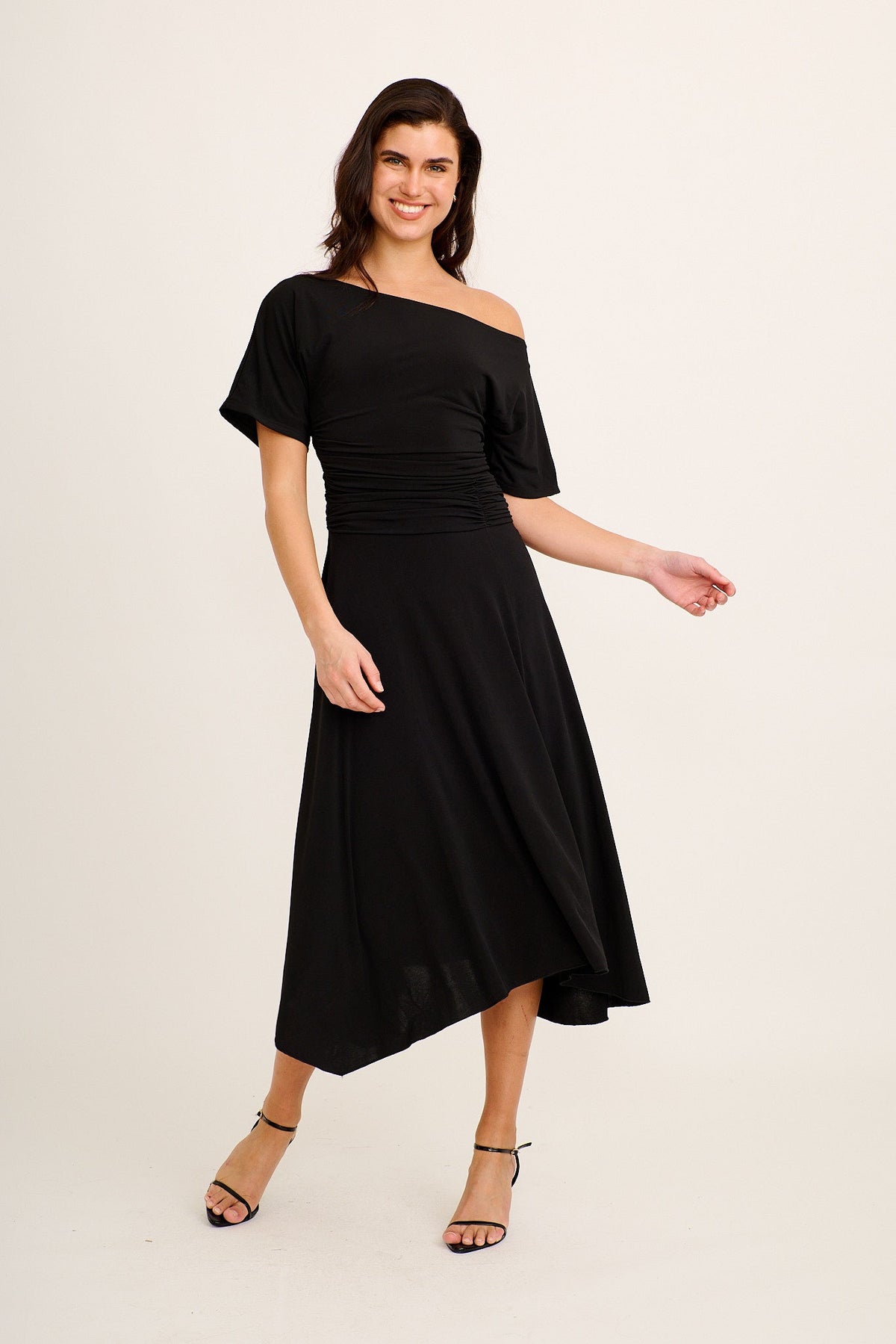 Bonnie Midi Off Shoulder Dress in Black Jersey