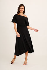 Bonnie Midi Off Shoulder Dress in Black Jersey