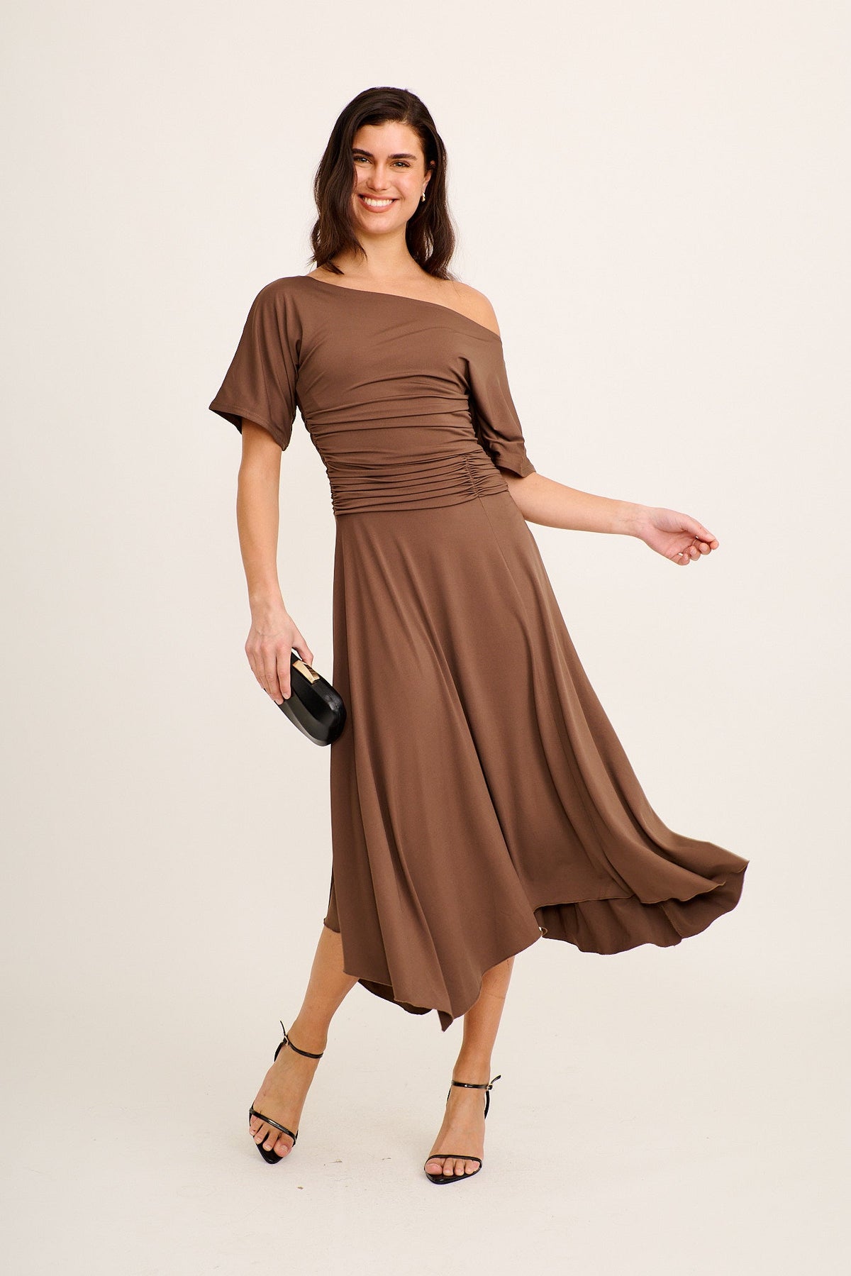 Bonnie Midi Off Shoulder Dress in Chocolate Jersey