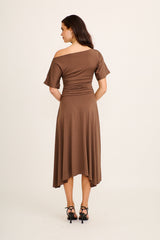 Bonnie Midi Off Shoulder Dress in Chocolate Jersey