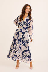 Aryanne Maxi Shirt Dress in Navy and Cream Floral Chiffon