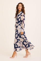 Aryanne Maxi Shirt Dress in Navy and Cream Floral Chiffon