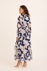 Aryanne Maxi Shirt Dress in Navy and Cream Floral Chiffon