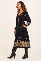 Cantine Midi Dress in Black with Chocolate Embroidery