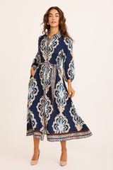 Aurelina Maxi Shirt Dress in Navy Placement Print Linen Blend