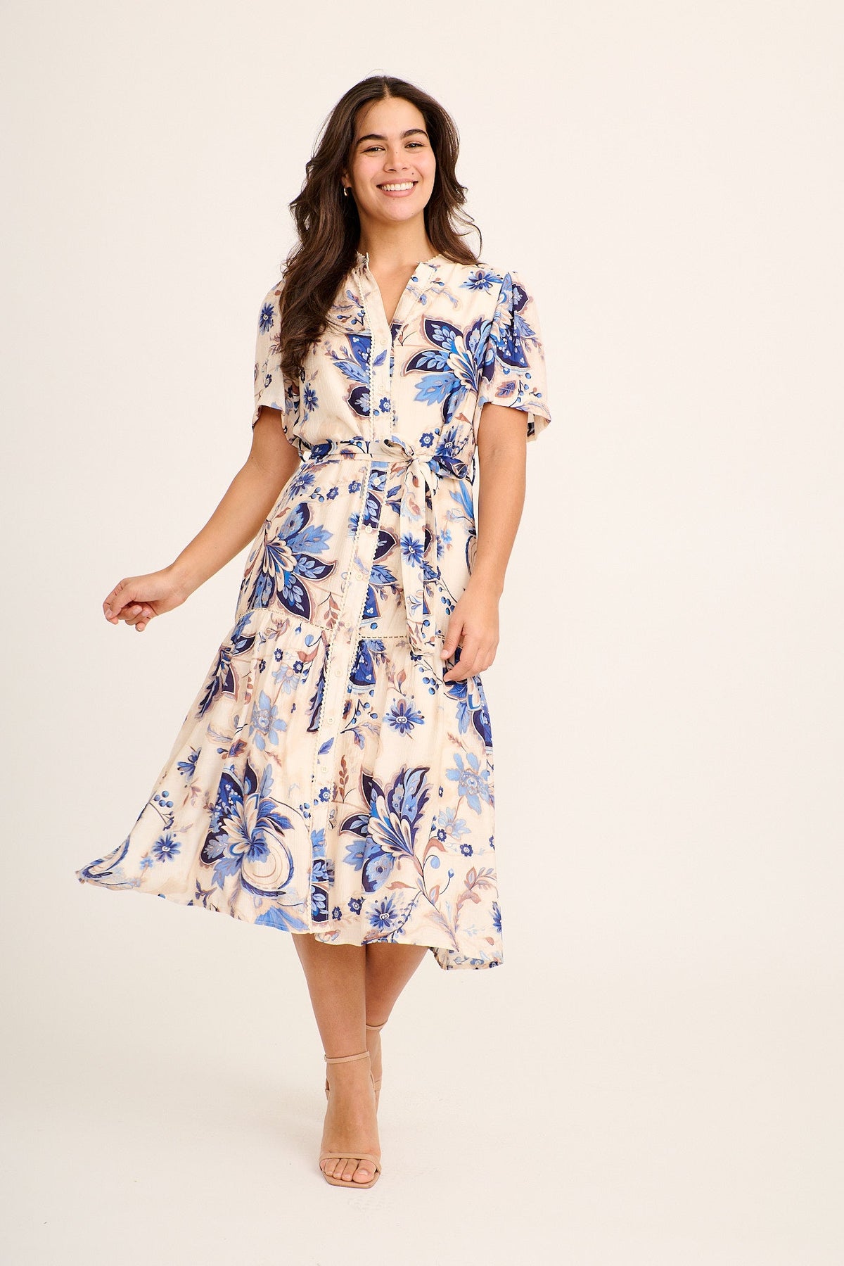 Brise Midi Dress in Cream with Blue Floral
