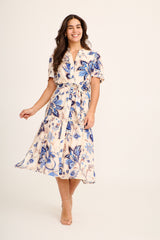 Brise Midi Dress in Cream with Blue Floral