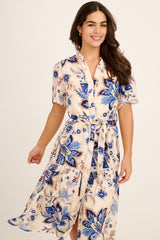 Brise Midi Dress in Cream with Blue Floral