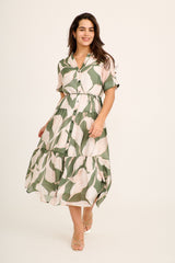Cambria Midi Dress in Cream with Khaki Print