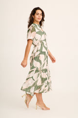 Cambria Midi Dress in Cream with Khaki Print
