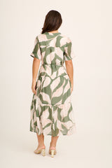 Cambria Midi Dress in Cream with Khaki Print