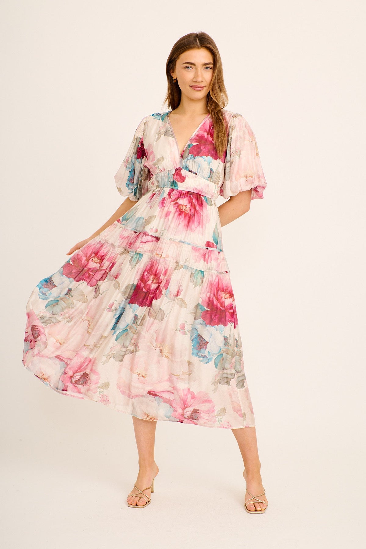 Amalie Midi Dress In Cream with Pink Floral