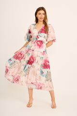 Amalie Midi Dress In Cream with Pink Floral