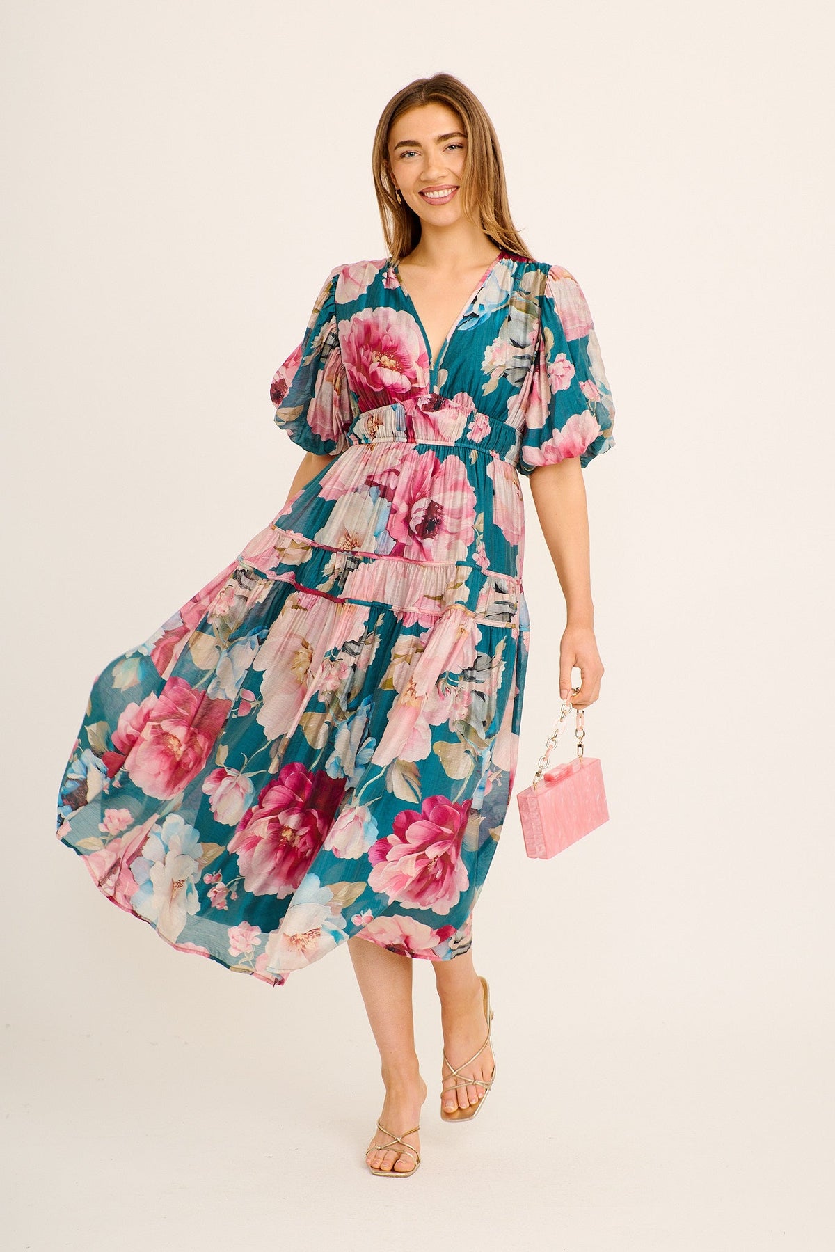 Amalie Midi Dress In Teal with Pink Floral
